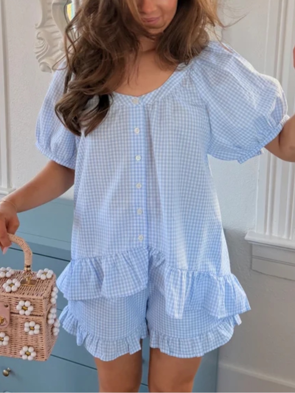 Wishlist Light Blue Gingham Shorts Set